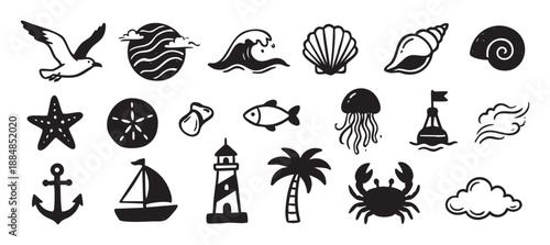 Collection of hand-drawn nautical icons in a simple black silhouette style, featuring a lighthouse, sailboat, crab, anchor, and other sea life elements for summer vacation concepts