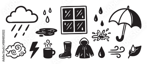 Collection of hand-drawn rainy weather icons featuring a cloud, umbrella, raincoat, and puddle in a simple black and white doodle style for autumn and storm concepts
