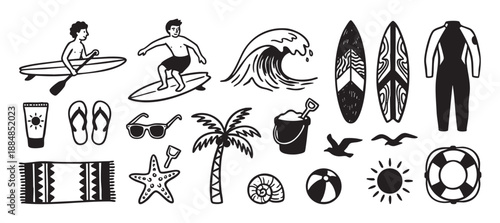 Hand-drawn black and white summer beach icons set featuring a surfer, paddleboarder, wave, surfboard, and vacation elements in a simple, graphic doodle style illustration