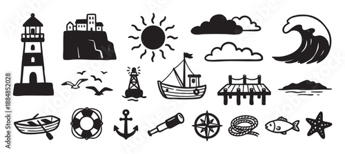 Collection of hand-drawn nautical icons featuring a lighthouse, boat, anchor, wave, and other sea-themed elements in a simple black and white graphic doodle style