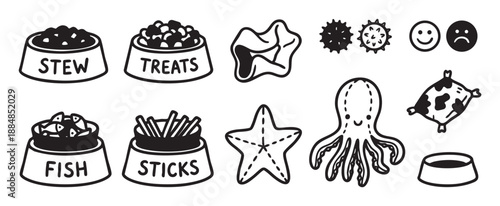 Hand-drawn set of pet care icons showing various food bowls with stew, fish, and treats, plus toys like an octopus, starfish, and pillow in a simple black and white doodle illustration