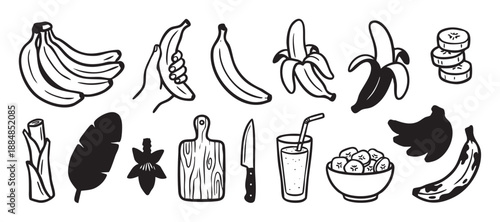 Set of hand-drawn banana illustrations showing the fruit whole, peeled, sliced, and as a smoothie, with a leaf, flower, and kitchen utensils in a monochrome doodle style
