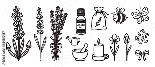 Hand-drawn lavender aromatherapy and spa icon set with flowers, essential oil, a candle, bee, and butterfly in a simple black and white doodle style illustration collection