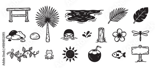 Hand-drawn black and white doodle icon collection of summer nature elements including a palm tree, sun, coconut drink, fish, frog, and dragonfly in a simple sketch illustration style