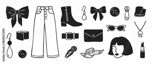 Set of black and white fashion illustrations featuring women's clothing, accessories, and beauty products in a hand-drawn doodle style collection for stylish graphic design
