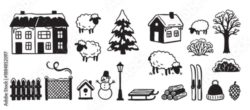 Black and white hand-drawn winter illustration set with cozy houses, sheep, a snowman, pine tree, and other rustic village elements in a charming doodle sketch style