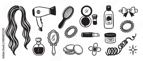 Hand-drawn black and white set of beauty and haircare items including a hairdryer, brush, lipstick, perfume, and mirror, presented in a simple doodle illustration style for self-care
