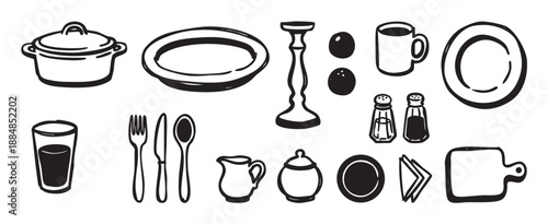 Collection of hand-drawn kitchenware and tableware items in a simple black and white doodle style, including a pot, plate, cutlery, mug, and shakers for a culinary concept illustration