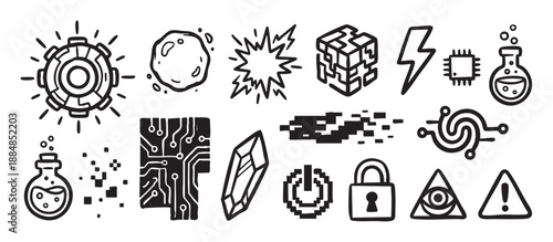 Collection of hand-drawn black doodle icons representing technology, science, and gaming concepts like circuits, flasks, gears, and pixel art symbols in a simple sketch style