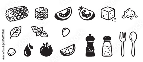 Collection of hand-drawn food ingredient icons featuring corn, tomato, cheese, basil, seasoning, and cutlery in a simple black and white graphic doodle illustration style