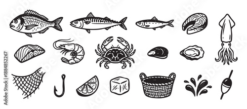 Set of hand-drawn seafood and fishing icons in a black and white linocut style, featuring fish, crab, shrimp, squid, and tackle for a fish market or restaurant menu design