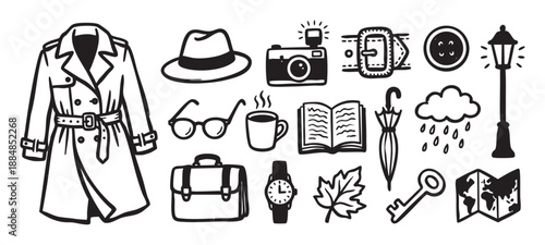 Collection of hand-drawn detective investigation icons featuring a trench coat, fedora, camera, and other spy objects in a simple black and white graphic doodle style