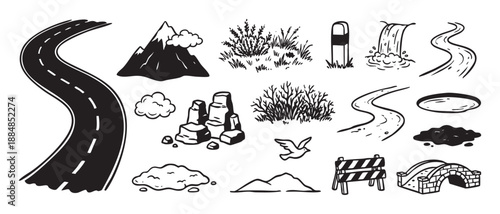 Collection of hand-drawn road and landscape elements in a black and white doodle style, including a mountain, river, bridge, and barrier for map creation or travel concepts