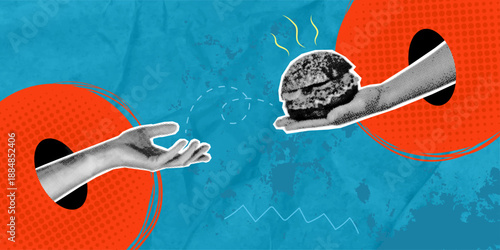 A trendy halftone pop art collage: a hand reaching toward a hand holding a burger, against a blue textured background. Concept of tasty and unhealthy food.