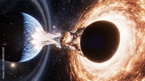 Planet being consumed by a black hole in space