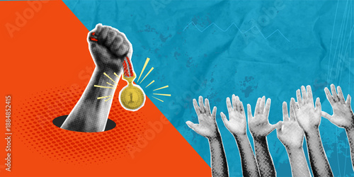 A modern halftone horizontal collage in a pop art style. A cut-out hand holds a gold "1st place" medal, symbolizing achievement, victory, and success. Several hands reach for the award. A trendy retro