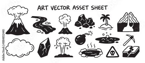 Hand drawn black and white vector icons featuring volcanoes, explosions, rocks, and adventure symbols in a simple doodle cartoon style for graphic design and illustration projects