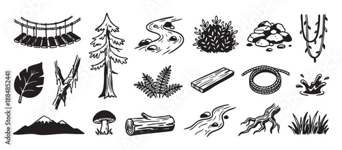 Collection of hand-drawn monochrome forest elements showing a pine tree, rope bridge, mountain, river, log, mushroom, and fern in a rustic, illustrative woodcut style
