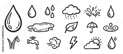 Hand-drawn water and weather related icons set in a simple doodle style, featuring a raindrop, cloud, splash, puddle, umbrella, and other nature elements as a collection