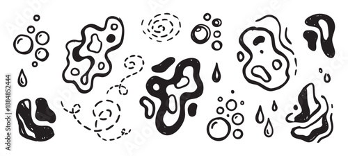 Hand-drawn black and white abstract shapes and elements in a doodle style, featuring organic liquid forms, bubbles, water drops, and amorphous blobs for a minimalist design