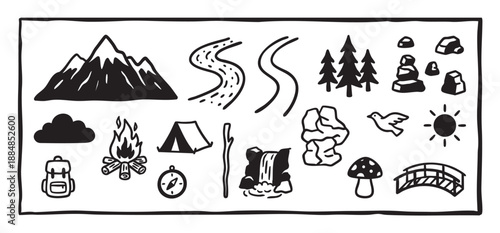 Hand-drawn set of black and white icons representing camping, hiking, and outdoor adventure, featuring a mountain, tent, campfire, compass, river, and forest trees in a simple doodle style