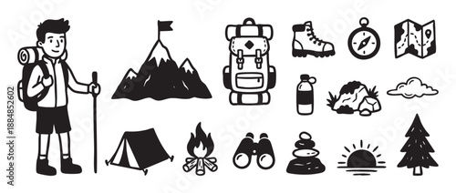 Collection of black and white hiking icons in a hand-drawn doodle style featuring a hiker, backpack, tent, mountain, compass, and campfire for outdoor adventure themes