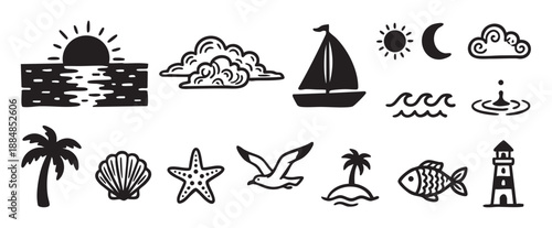 Set of hand-drawn black summer icons featuring a sailboat, palm tree, lighthouse, sun, and fish in a simple doodle style for vacation, travel, and nautical themes