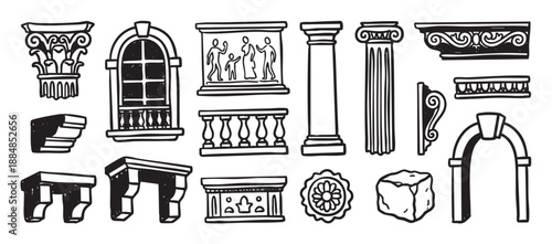 Collection of antique architectural details sketched in a black ink doodle style, featuring classical columns, an arched window, a balustrade, and various ornamental elements