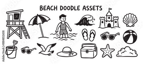 Collection of hand-drawn beach doodle illustrations featuring a sandcastle, lifeguard tower, umbrella, and other summer vacation elements in a simple black and white line art style