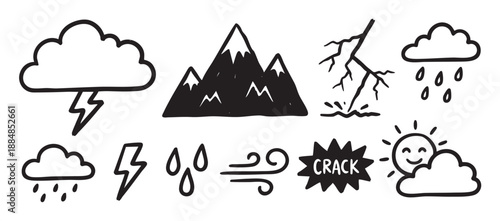 Collection of hand-drawn weather icons in a simple black and white doodle style, including clouds, lightning, rain, mountains, sun, and wind for a forecast concept