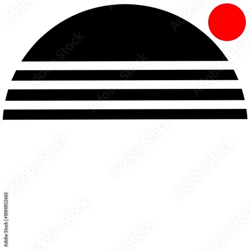 Abstract black half sun shape design with red dots.