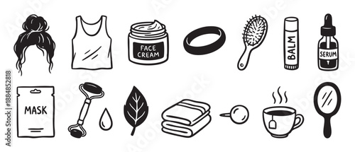 Set of hand-drawn black doodle icons for a beauty routine featuring face cream, serum, a mask, a roller, a hairbrush, and a cup of tea in a simple sketch style illustration