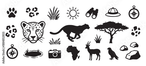 Collection of black safari-themed icons featuring a leopard, cheetah, acacia tree, compass, and other wildlife and travel elements in a simple graphic illustration style