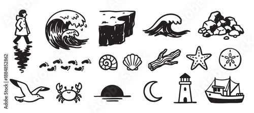 Black and white coastal icon set with various hand-drawn illustrations of a lighthouse, boat, wave, person, crab, seagull, and shells in a minimalist sketch style