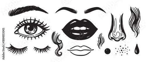 Hand drawn black ink facial features set with eyes, lips, nose, and eyebrows in a grunge sketch style, a collection of graphic elements for beauty and makeup design concepts