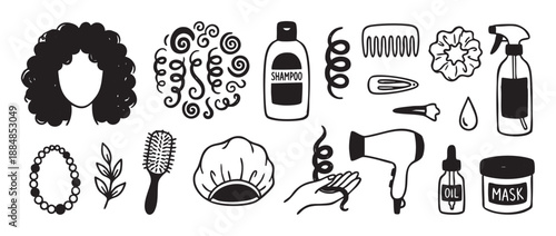 Set of curly hair care product icons drawn in a simple black and white doodle style, including shampoo, a mask, oil, a comb, a brush, and a hairdryer for a beauty routine