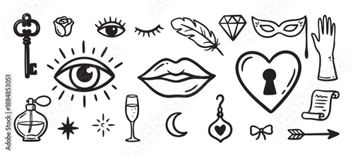 Set of hand-drawn black doodle icons featuring romantic and mysterious symbols like a key, heart lock, all-seeing eye, lips, masquerade mask, and feather in a simple line art style