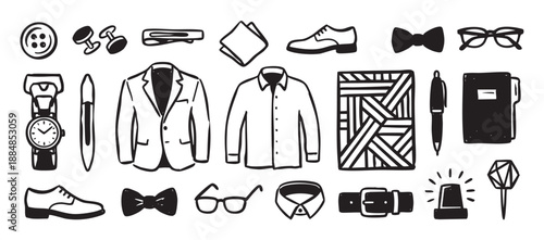 Hand-drawn black and white icon set of men's formal wear and business accessories, including a suit, shirt, shoes, watch, and cufflinks in a stylish doodle sketch illustration style