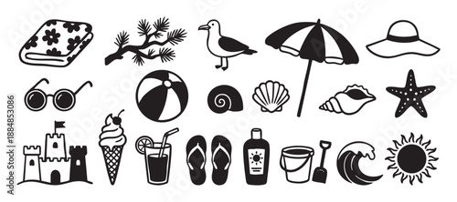 Set of hand drawn summer beach icons featuring a sandcastle, umbrella, seashell, sun, and other vacation elements in a simple black and white doodle style illustration