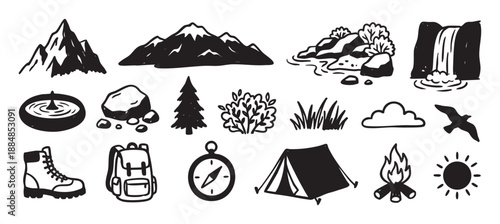 Hand-drawn black and white outdoor adventure icons set featuring a mountain, tent, campfire, backpack, compass, and other nature elements for hiking and camping themes