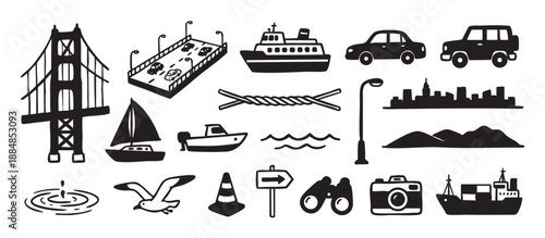 Set of black hand-drawn travel icons showing a bridge, cars, boats, a city skyline, and a camera in a simple graphic linocut illustration style
