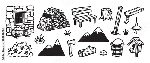 Set of black and white hand-drawn rustic icons featuring firewood, a bench, mountains, an axe, and a birdhouse in a simple doodle style