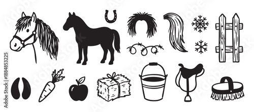 Set of hand-drawn horse and equestrian icons including a saddle, horseshoe, hay bale, and grooming brush in a simple black and white doodle style illustration