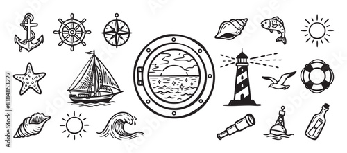 Set of hand-drawn nautical icons featuring a sailboat, lighthouse, anchor, and ship's wheel in a charming black and white doodle style for maritime-themed designs