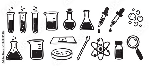 Hand-drawn science and chemistry laboratory icons set with test tubes, beakers, flasks, and research equipment in a simple black and white doodle sketch illustration style
