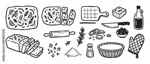 Hand-drawn black and white doodle icons of baking ingredients and kitchen tools for making homemade focaccia bread, including olive oil, herbs, a knife, and a cutting board
