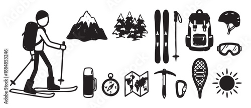Hand-drawn set of winter sports icons including a skier, mountain, skis, backpack, and mountaineering equipment in a black and white doodle style illustration