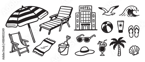 Black and white doodle illustration set of summer beach vacation objects including a hotel, lounge chair, umbrella, cocktail, and palm tree for a tropical holiday theme