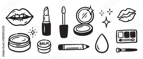 Set of hand-drawn makeup icons in a simple black and white doodle style, featuring lipstick, lip gloss, eyeshadow, powder, balm, and other cosmetic elements for beauty concepts
