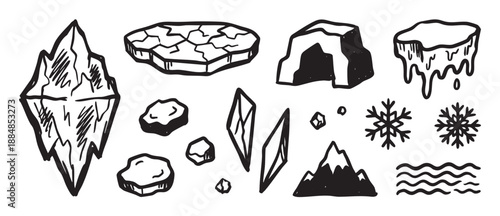 Collection of hand drawn winter elements including an iceberg, ice floe, cave, snowflakes, and mountain in a black and white doodle style illustration set for cold weather concepts